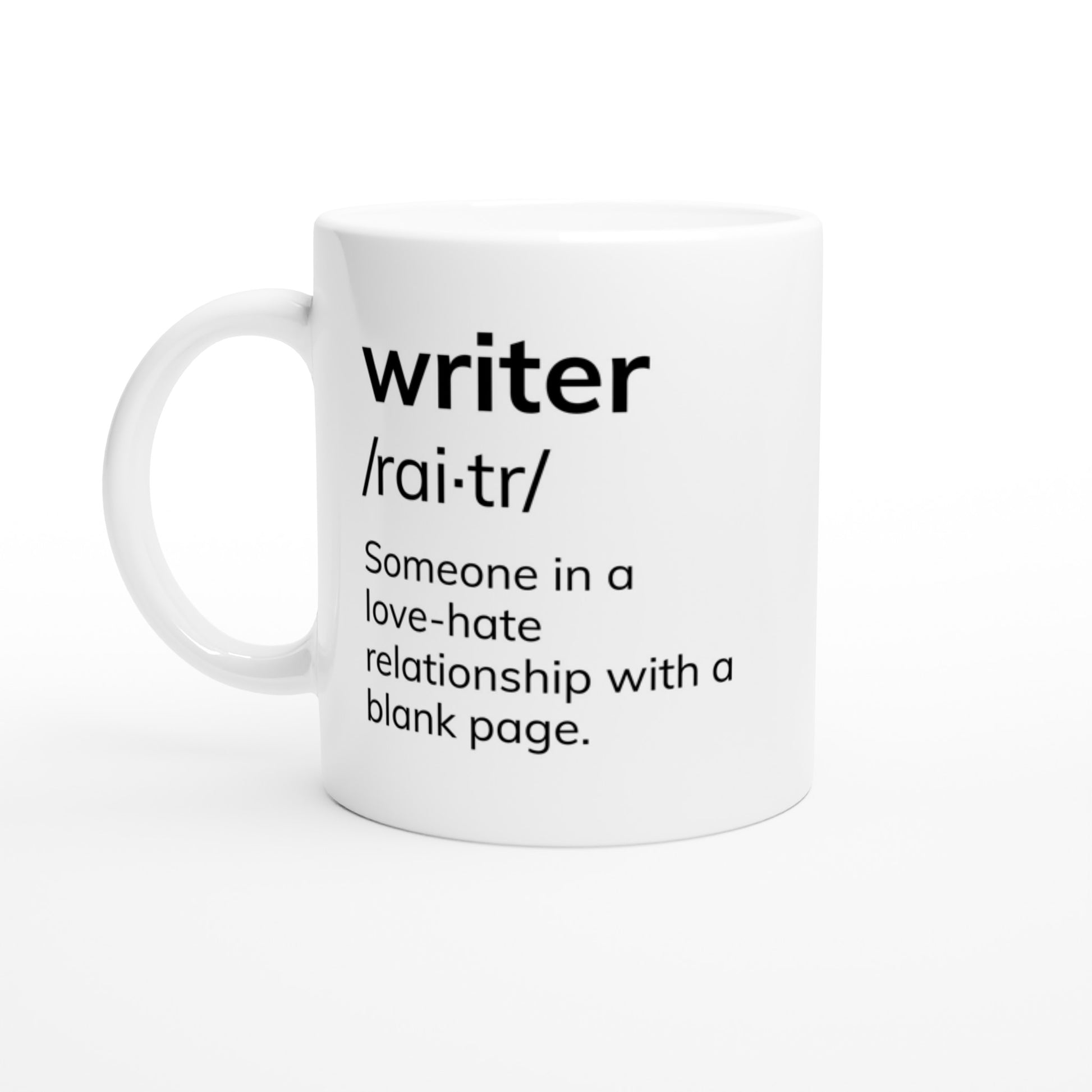 A white coffee mug with the product name "Writer: Someone in a love-hate relationship with a blank page // Writing Themed Mug" on it.