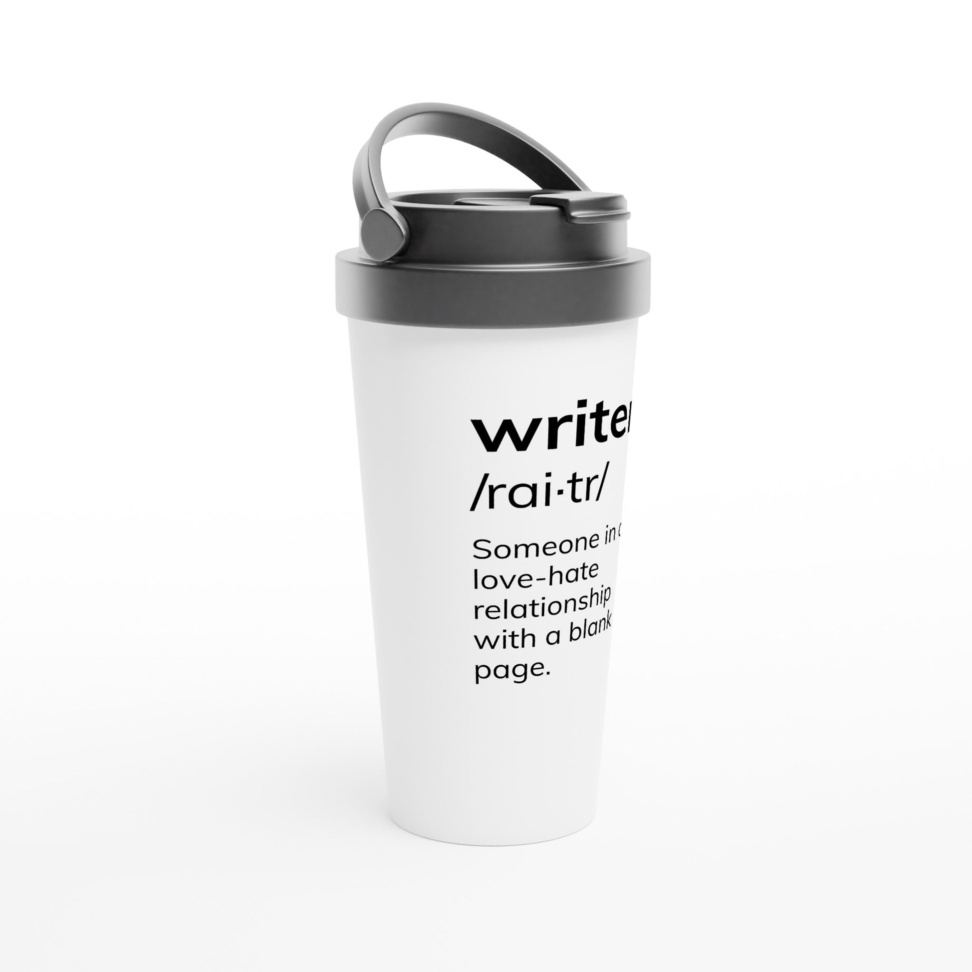 A white coffee mug with the product name "Writer: Someone in a love-hate relationship with a blank page // Writing Themed Mug" on it, perfect for any writer in their creative process.