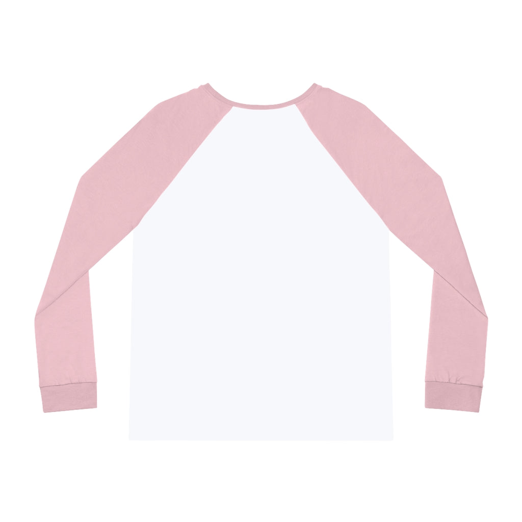 White and pink raglan sleeve t-shirt, perfect for "I may look like I'm listening to you, but..." Writing Themed Women's Pajama Set, on a white background.