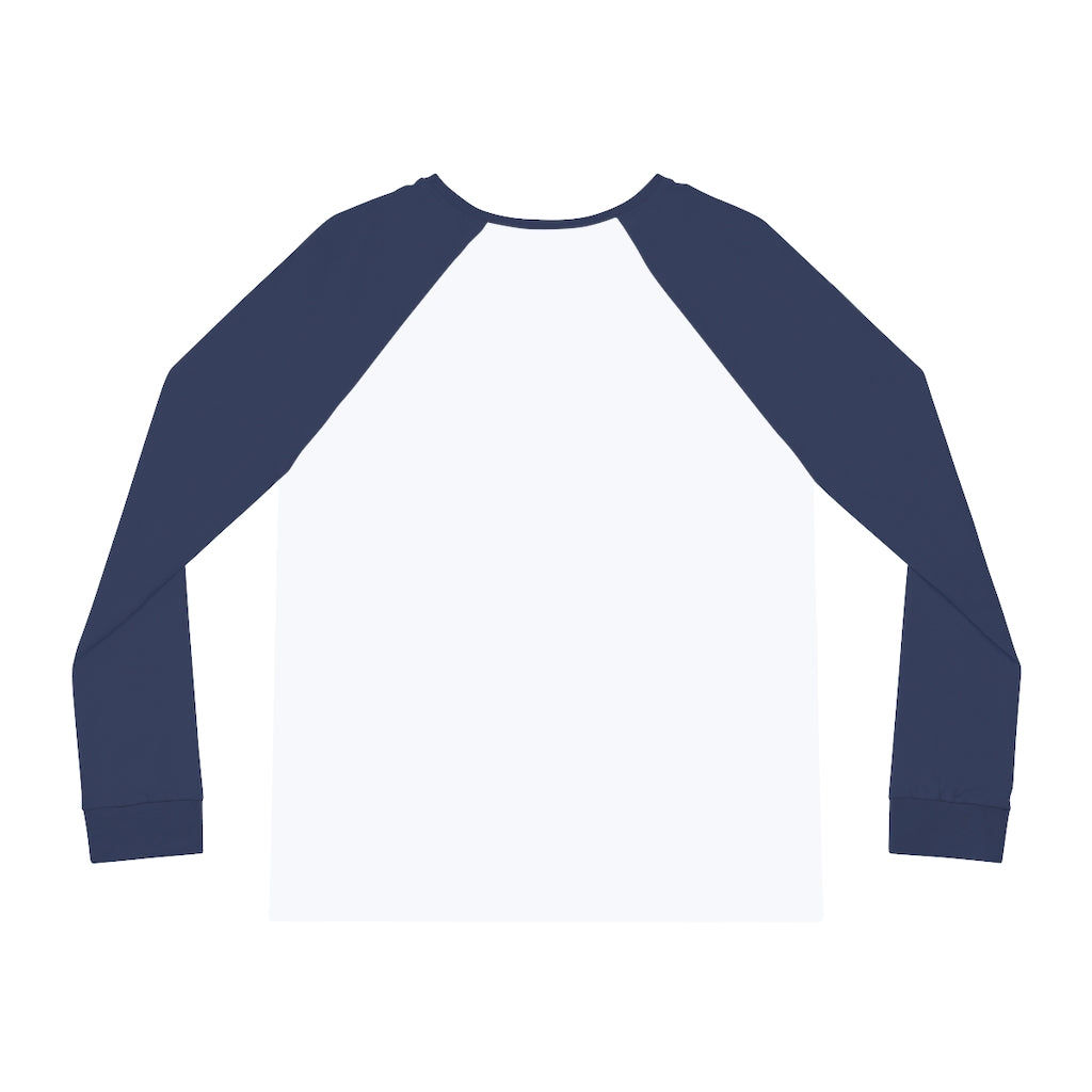 Blank white and navy raglan sleeve t-shirt "I may look like I'm listening to you, but..." pajamas on a plain background.