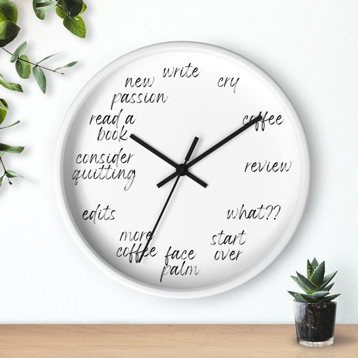 A "A Day in the Life of an Author // Writing Themed" wall clock with storytelling keywords written on it.