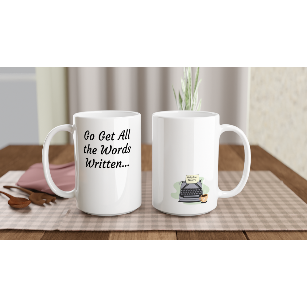 A white coffee mug from the product "Go Get All the Words Written... // Writing Themed Mugs" with the words "creative motivation" written on it.