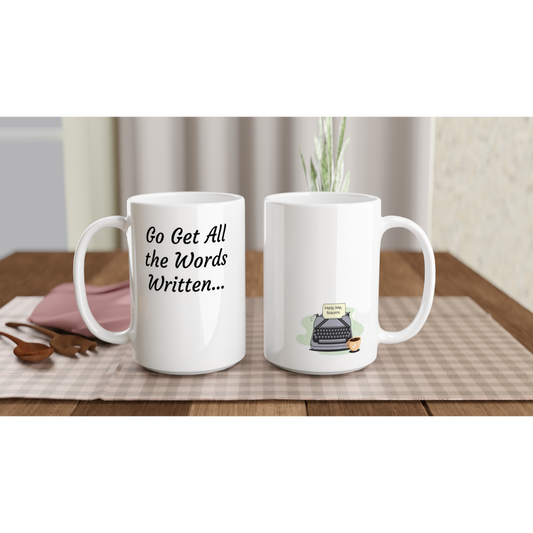 A white coffee mug from the product "Go Get All the Words Written... // Writing Themed Mugs" with the words "creative motivation" written on it.