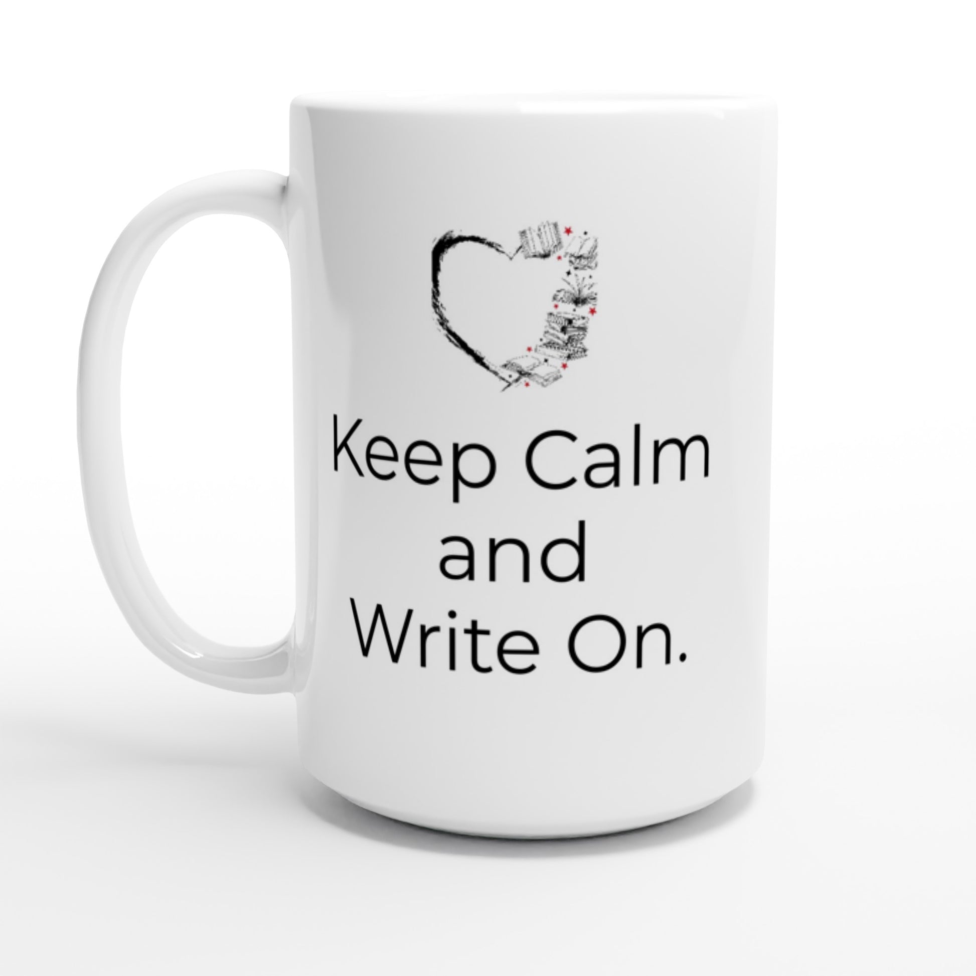 White ceramic writing themed mug with the phrase "Keep Calm and Write On".
