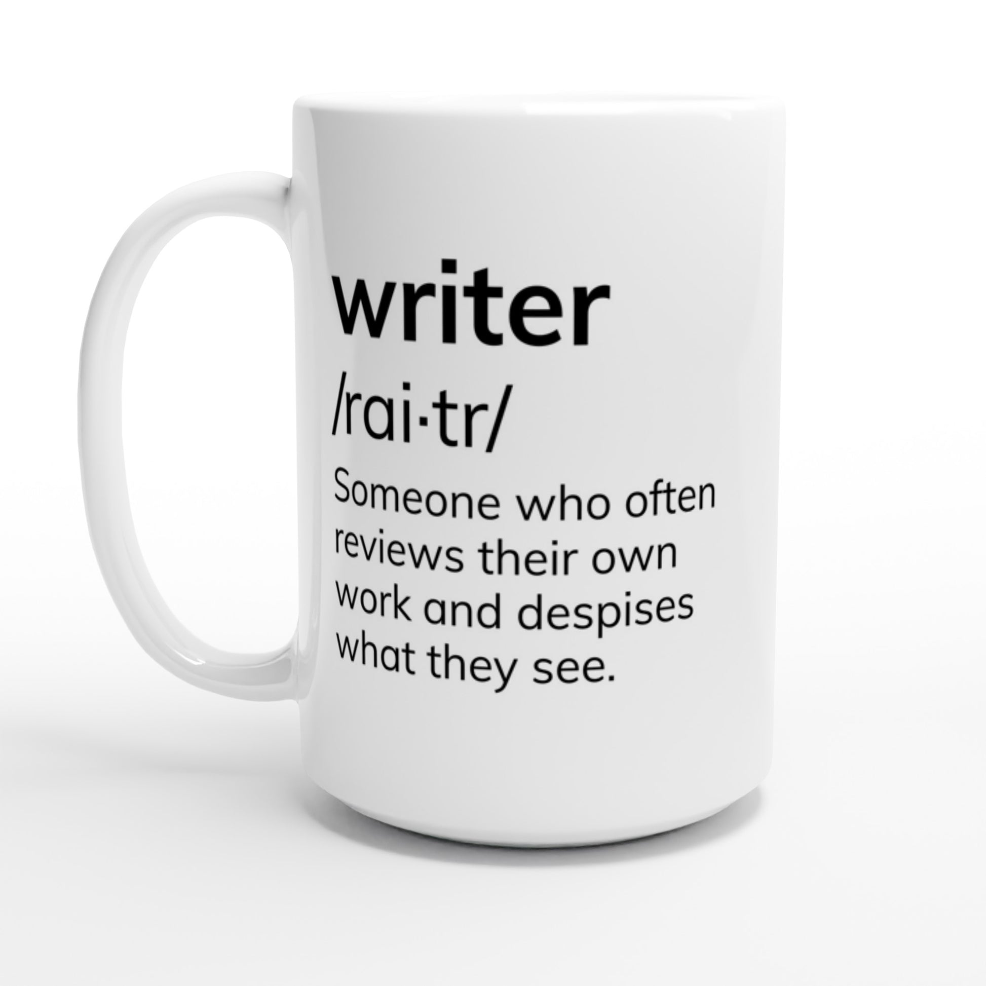 A Writing Themed Mug perfect for any writer. This mug features a simple design with the word "writer" prominently displayed. Whether you're sipping your morning coffee or fueling late-night, this Writing Themed Mug is perfect for someone who often reviews their own work and despises what they see.