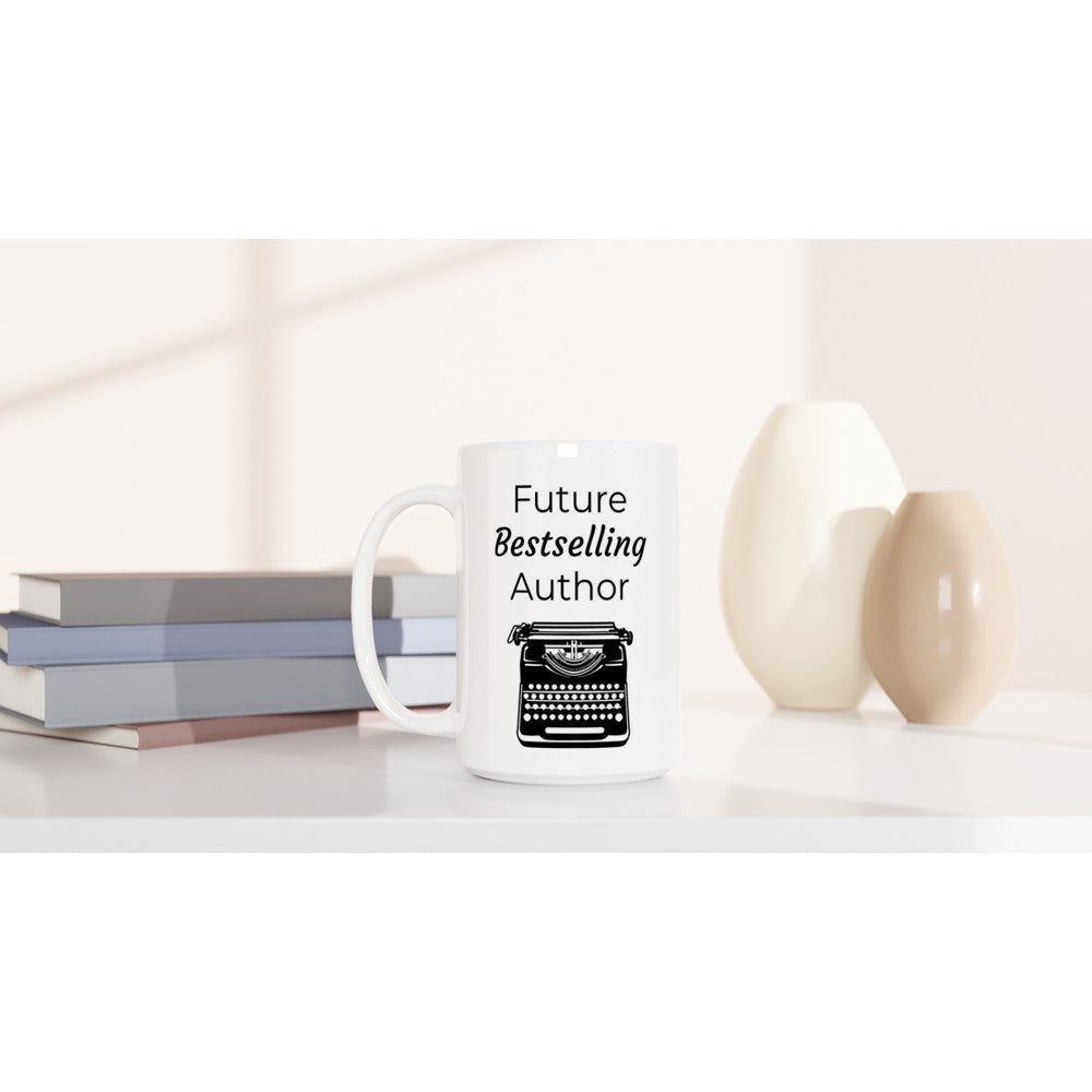 A white coffee mug with the words "Writing Themed Mug" on it.