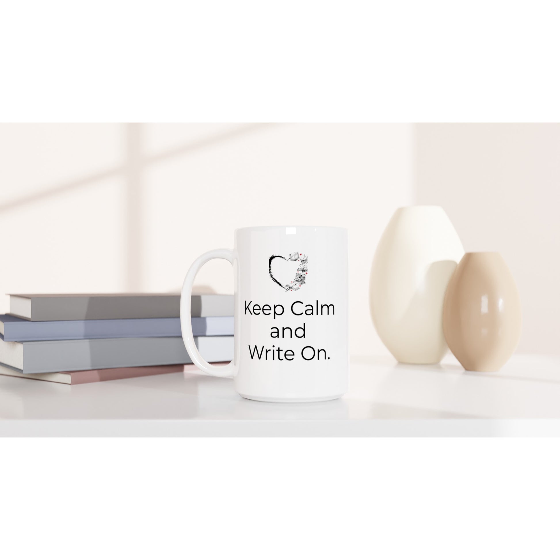 This white ceramic mug features the phrase "Keep Calm and Write On" // Writing Themed Mug.
