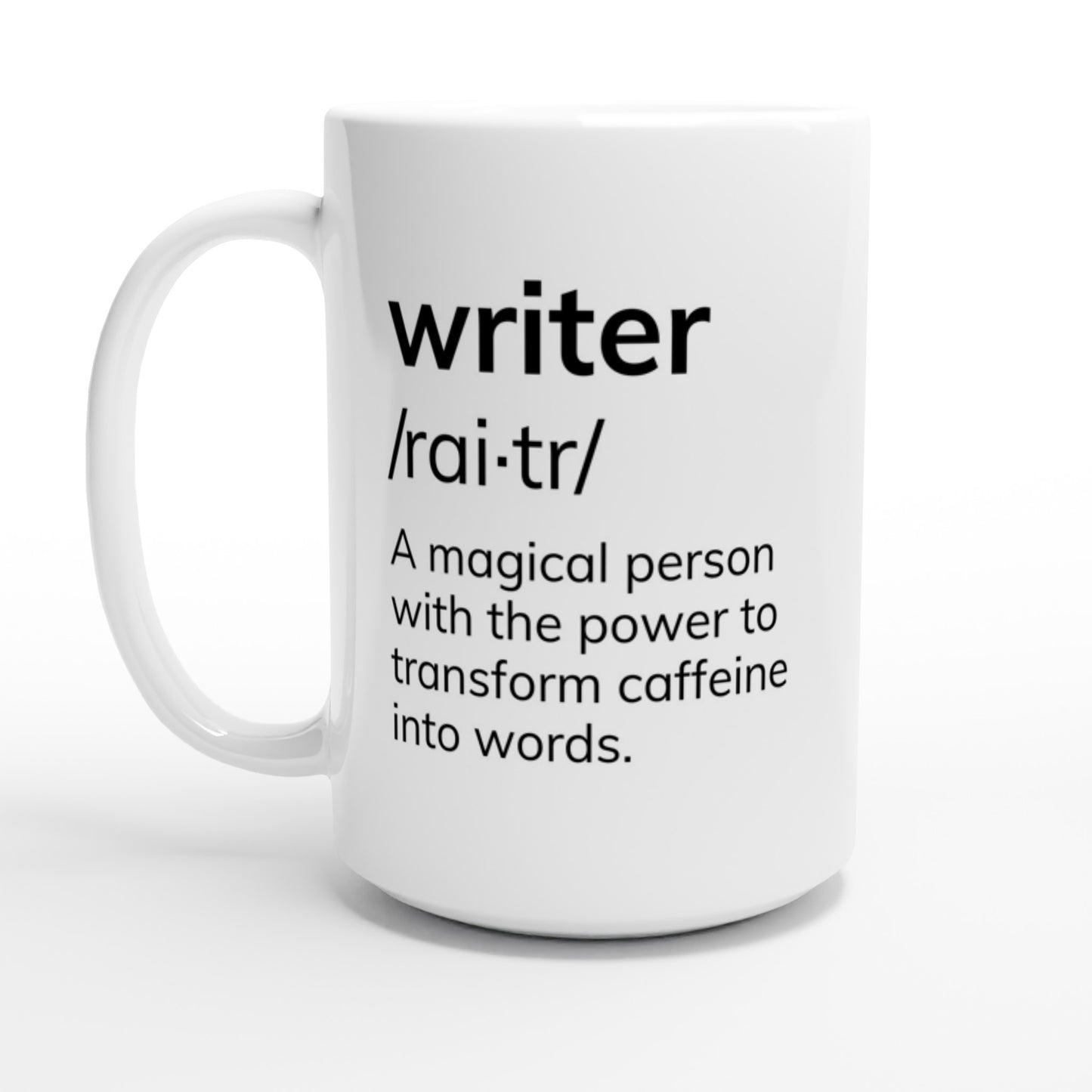 A white coffee mug with the product name, "Writer: A magical person with the power to transform caffeine into words. // Writing Themed Mug," prominently displayed.