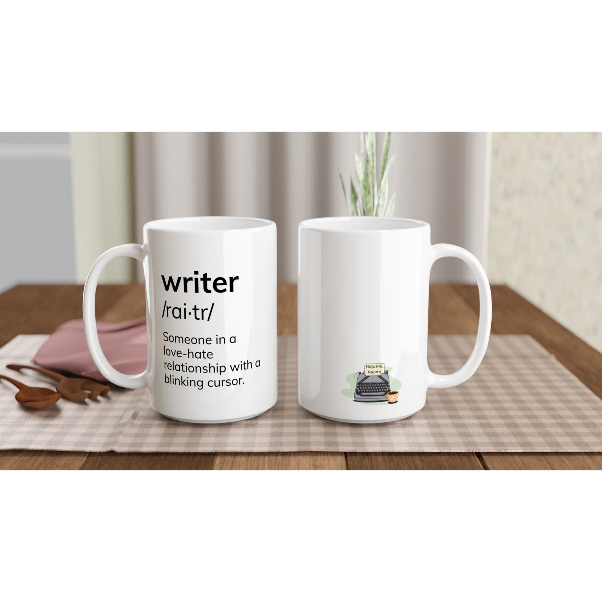A white coffee mug with the product name "Writer: Someone in a love-hate relationship with a blinking cursor // Writing Themed Mug" on it.